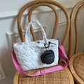White heart quilted tote bag with pink strap and fashion patch on wooden chair - Bag with Hat Style Earphone Case / Off White