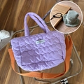 Purple quilted heart handbag with orange strap and a cute green hat charm accessory - Bag with Hat Style Earphone Case / Purple