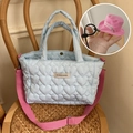 Light blue quilted heart handbag with pink shoulder strap and cute pink hat coin purse - Bag with Hat Style Earphone Case / Light Blue
