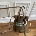 Brown fleece tote bag with blue wonder natural embroidery and mushroom charm accessory - Brown Wonder Embroidery Style With Mushroom Pendant
