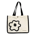 Sac à lunch rétro en toile avec imprimé floral noir et bouton pression sur fond blanc - Blanc Crème (Sans Pendentif)