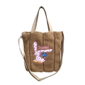 Brown fleece tote bag with pink rabbit embroidery and striped handles in variant view - Camel Spotted Rabbit Embroidery Style / Camel