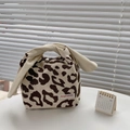 Japanese style canvas tote lunch bag with leopard print pattern and knotted handle - Brown Leopard Print Large Ear Lunch Style