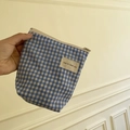 Blauw geruite canvas mini make-uptas met nice to meet you label en een ritssluiting - Lichtblauw Geruit