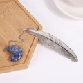 Silver metal feather bookmark with a blue natural stone moon pendant on a chain - Blue Spot Jasper