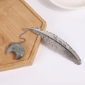 Silver metal feather bookmark with a crescent moon natural stone pendant - Labradorite
