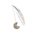 Silver metal feather moon bookmark with a Dalmatian Jasper natural stone pendant - Dalmatian Jasper