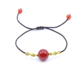 Red agate bead woven bracelet with adjustable dark brown cord and golden accents - Small Round Bead Bracelet / Red