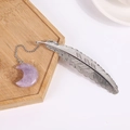 Silver metal feather bookmark with a purple moon-shaped natural crystal stone pendant - Phosphosiderite