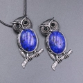 Antique silver owl necklace pendant with blue spotted stone inlay and black crystal eyes - Lapis Lazuli (With Cord)