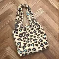 Large plush leopard print tote bag with soft faux fur and magnetic snap closure - Blue-Grey Leopard