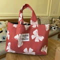 Red canvas handbag with white bow patterns and elegant top handle for women - Red Background Pink Bowknot