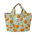 Light green canvas tote bag with orange poppy embroidery and branded fabric label - Light Green Base Orange Flower