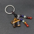 Tiger eye star crystal keychain with multicolored chakra beads and stainless steel ring - Tiger's Eye