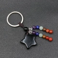 Star-shaped black obsidian keychain with colorful seven chakra beads and silver ring - Obsidian