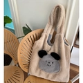 Cute beige faux rabbit fur tote bag featuring cartoon dog ears and checkered lining - Khaki Bear Face Faux Rabbit Fur Bag