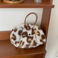 Borsa a mano in peluche leopardato con muso di cane e sottili manici marroni - Cucciolo di Leopardo Giallo Marrone Tracolla Semicircolare