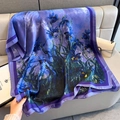 Artistic van Gogh iris print silk scarf in blue and purple displayed on leather sofa - 80*180cm / Violet Blue