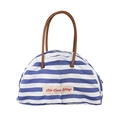Sac à main demi-rond en toile rayée bleue et blanche avec poignées en cuir marron et texte - Étiquette à Rayures Bleu et Blanc