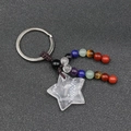Star-shaped clear crystal keychain with colorful natural stone beads on a brown cord - White Crystal