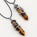Retro Tiger Eye crystal pillar pendant necklace with silver rose wrap and black cord - Tiger's Eye