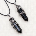 Obsidian hexagonal crystal necklaces with silver rose vine wrap on woven cord - Obsidian