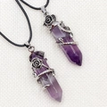Handcrafted amethyst crystal point necklace featuring silver rose vine wrap on black cord - Green Aventurine