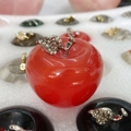 Vibrant red 35mm natural rose quartz crystal apple ornament with silver leaf detailing - 45X33mm