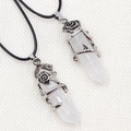 Set of two opal glass crystal necklaces with silver rose vine wrap and black cords - White Crystal