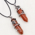 Dual rose wrapped goldstone hexagonal crystal pendants on black cord necklaces - Synthetic Goldstone