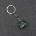 Deep green natural stone skull keychain with a polished silver metal link chain - India Agate