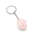 Natural rose quartz crystal raw stone keychain with silver metal ring on white background - Rose Quartz