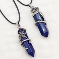 Lapis lazuli hexagonal crystal pendant with silver rose vine wrap on black cord - Lapis Lazuli (Enhanced)