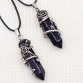 Blue sand stone hexagonal crystal pendant with silver rose wrap and black cord necklace - Blue Goldstone (Synthetic)