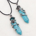 Turquoise stone hexagonal pendant necklace set with silver rose vine wrap and black cord - Turquoise (Synthetic)