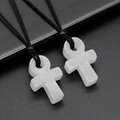 Set of two white natural crystal Ankh cross necklaces with black hand-woven cord straps - Labradorite