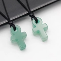 Handcrafted light green natural crystal Ankh cross pendant with black braided rope cord - Green Aventurine