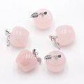 Set of five natural pink crystal apple pendants with silver metal leaf charms - Rose Quartz 1PC