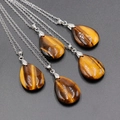 Polished tiger eye stone teardrop pendant necklace with silver chain for women - Tiger's Eye