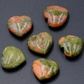 Polished heart-shaped unakite stones with natural green and orange marbled texture - Unakite