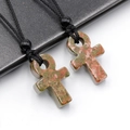 Collier croix Ankh fait main en pierre naturelle d'unakite et cordon noir tressé - Unakite