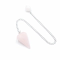 Péndulo de cuarzo rosa hexagonal en forma de cono con cadena plateada y cuenta blanca - Cuarzo rosa
