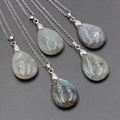 Five teardrop labradorite stone necklaces with iridescent blue flash and silver chains - Labradorite