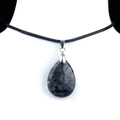 Natural teardrop labradorite pendant necklace with silver clasp and black braided cord - Larvikite