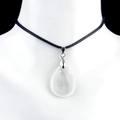 Transparent teardrop crystal pendant necklace with black cord on display model - White Crystal