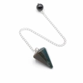 Blue apatite hexagonal cone pendulum with silver metal chain and black bead - India Agate