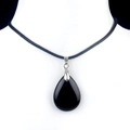Polished black agate teardrop pendant necklace with black woven cord and silver clasp - Obsidian