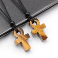 Collier croix Ankh fait main en pierre oeil de tigre naturelle avec cordon noir tissé - Œil de tigre
