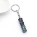 Bamboo shaped green gemstone pendant keychain with polished silver metal link and ring - Bird Stone 1Pc