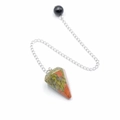 Unakite gemstone hexagonal cone pendulum with silver chain and black bead accent - Unakite